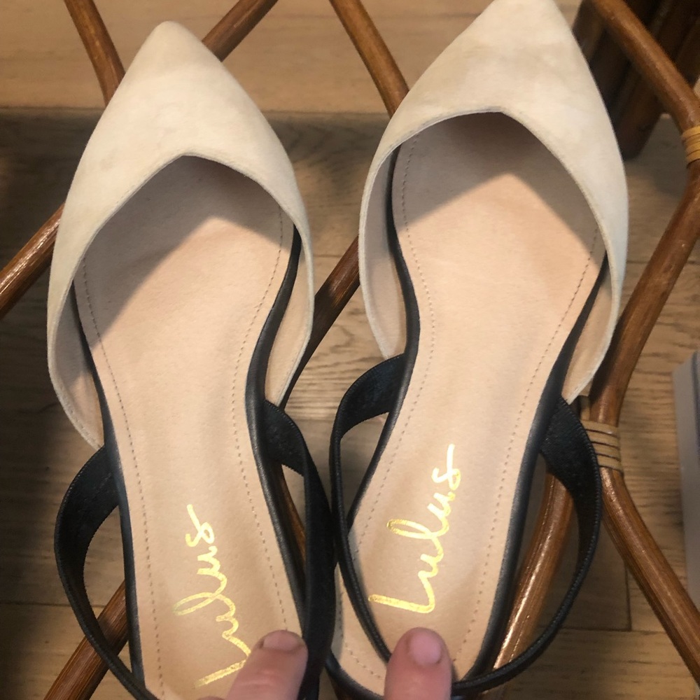 Lulus Slingback Flats 10 Cream Black Pointed Toe Faux Suede Elastic Strap (1881) - Picture 6 of 11